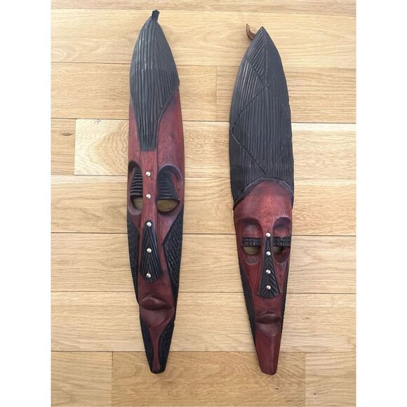 Kenyan African Face Masks with Grommets His and Hers Brown/Black Wood Carved Han - Picture 4 of 7